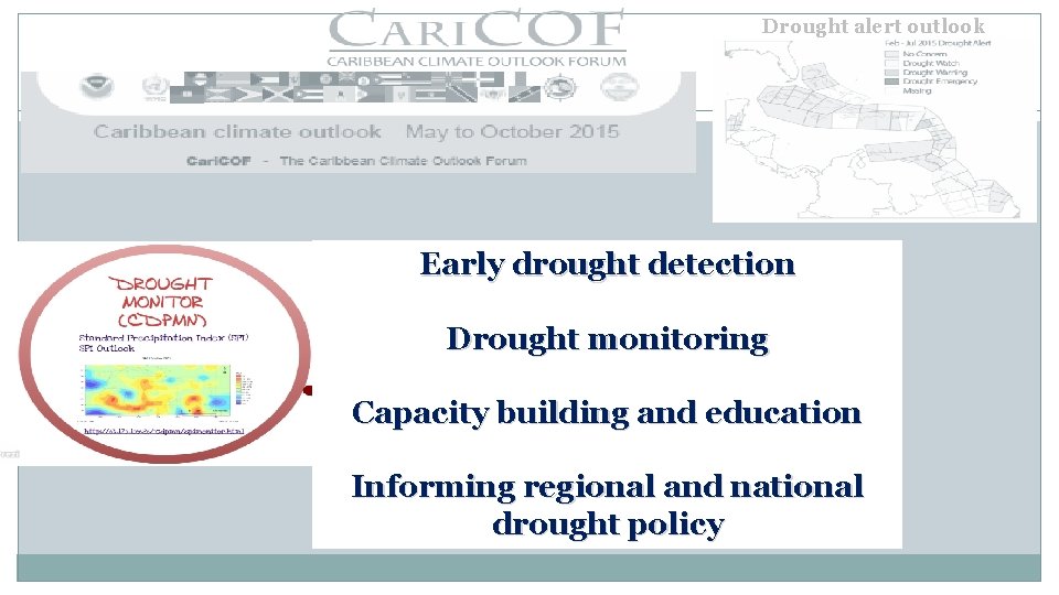 Drought alert outlook 77 Early drought detection Drought monitoring Capacity building and education Informing