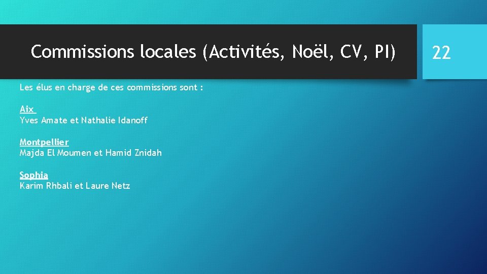 Commissions locales (Activités, Noël, CV, PI) Les élus en charge de ces commissions sont