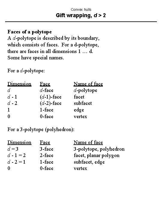Convex hulls Gift wrapping, d > 2 Faces of a polytope A d-polytope is Convex hulls Gift wrapping, d > 2 Faces of a polytope A d-polytope is