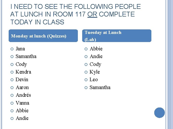 I NEED TO SEE THE FOLLOWING PEOPLE AT LUNCH IN ROOM 117 OR COMPLETE