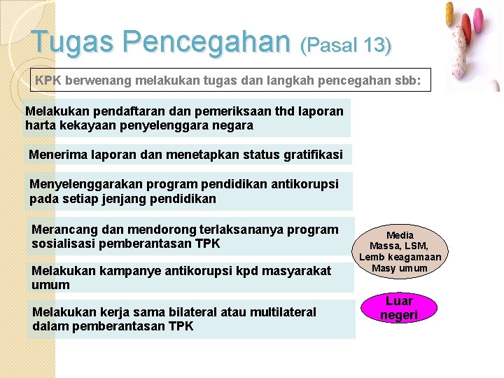 Tugas Pencegahan (Pasal 13) KPK berwenang melakukan tugas dan langkah pencegahan sbb: Melakukan pendaftaran