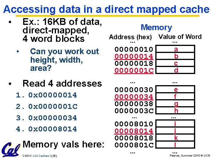 Accessing data in a direct mapped cache Ex. : 16 KB of data, direct-mapped,
