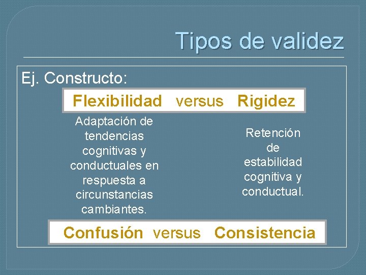 Tipos de validez Ej. Constructo: Flexibilidad versus Rigidez Adaptación de tendencias cognitivas y conductuales