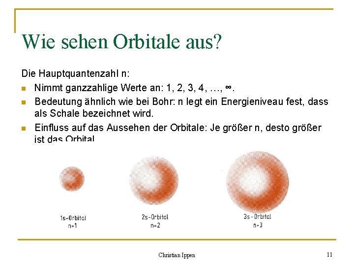 Wie sehen Orbitale aus? Die Hauptquantenzahl n: n Nimmt ganzzahlige Werte an: 1, 2,