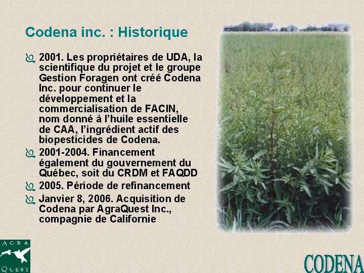 Codena inc. : Historique Ï 2001. Les propriétaires de UDA, la scientifique du projet