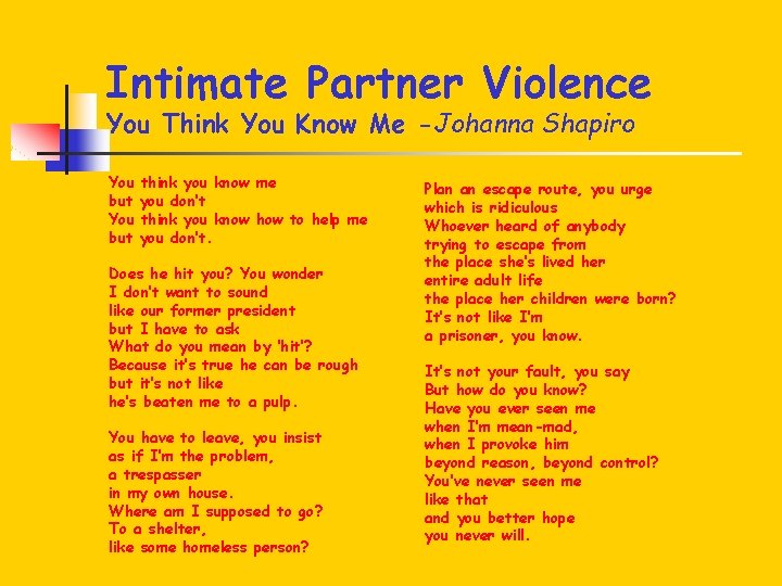 Intimate Partner Violence You Think You Know Me -Johanna Shapiro You but think you