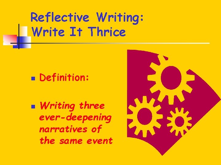 Reflective Writing: Write It Thrice n n Definition: Writing three ever-deepening narratives of the