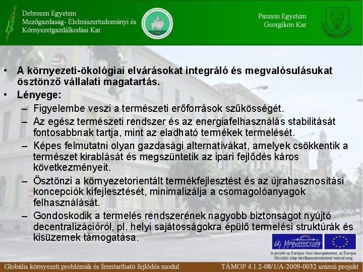  • A környezeti-ökológiai elvárásokat integráló és megvalósulásukat ösztönző vállalati magatartás. • Lényege: –