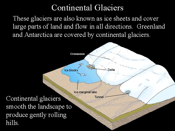 Continental Glaciers These glaciers are also known as ice sheets and cover large parts