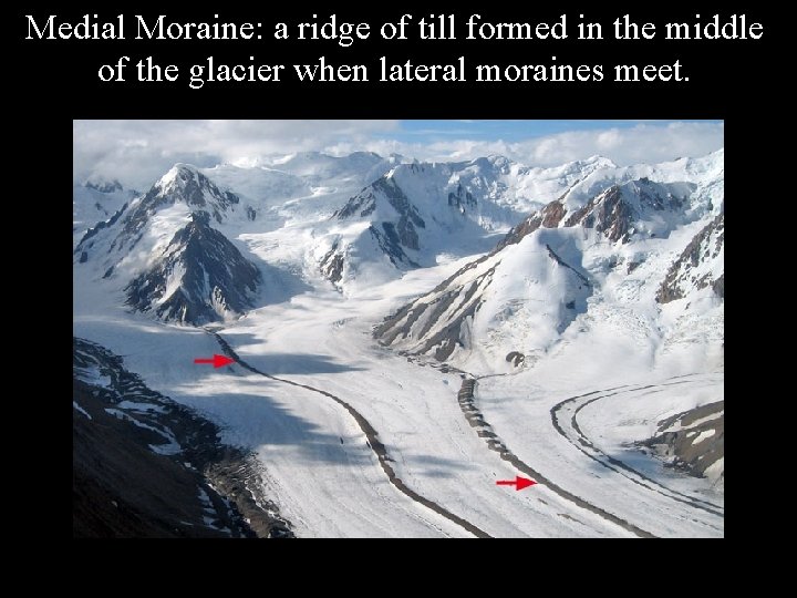 Medial Moraine: a ridge of till formed in the middle of the glacier when
