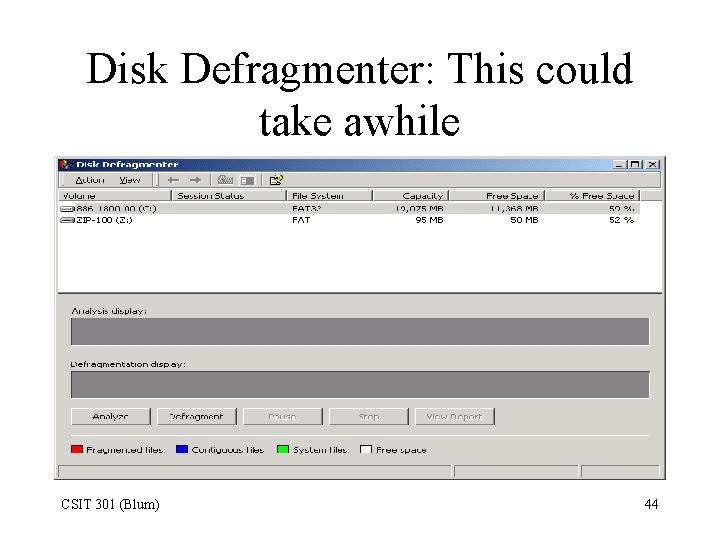 Disk Defragmenter: This could take awhile CSIT 301 (Blum) 44 