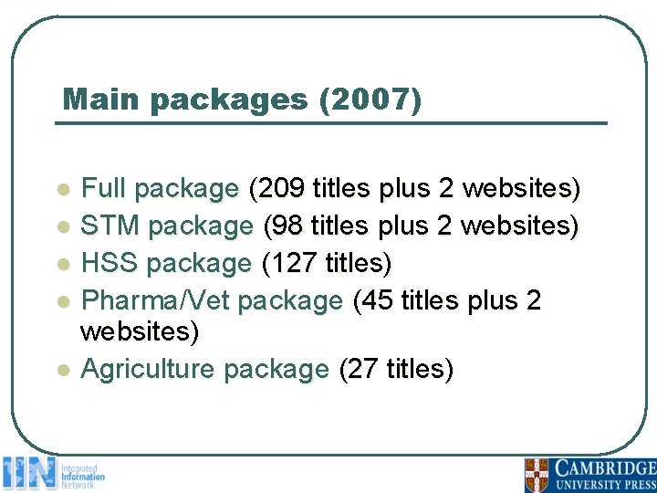 Main packages (2007) l l l Full package (209 titles plus 2 websites) STM