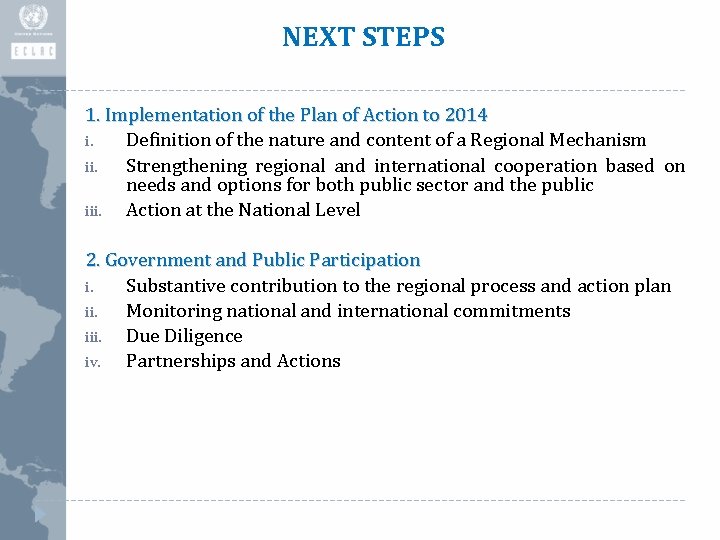 NEXT STEPS 1. Implementation of the Plan of Action to 2014 i. Definition of