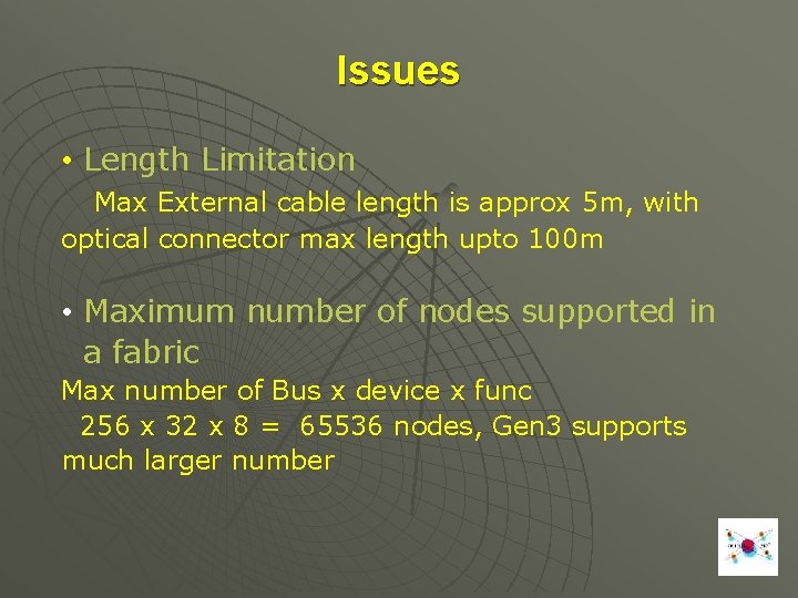 Issues • Length Limitation Max External cable length is approx 5 m, with optical