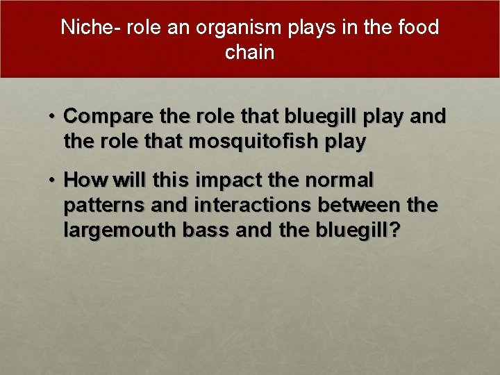 Niche- role an organism plays in the food chain • Compare the role that