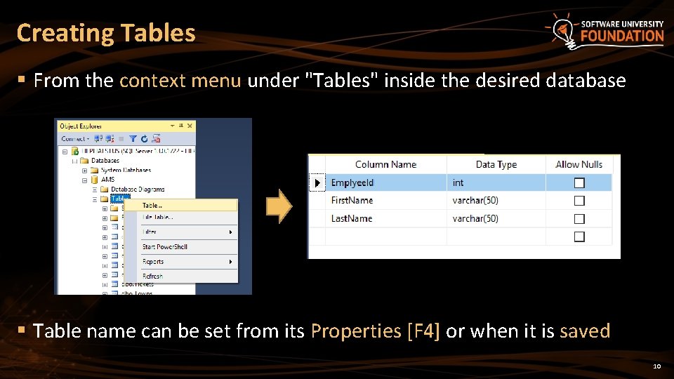 Creating Tables § From the context menu under "Tables" inside the desired database §