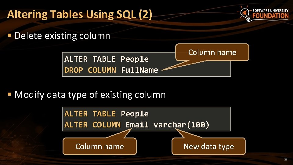 Altering Tables Using SQL (2) § Delete existing column ALTER TABLE People DROP COLUMN