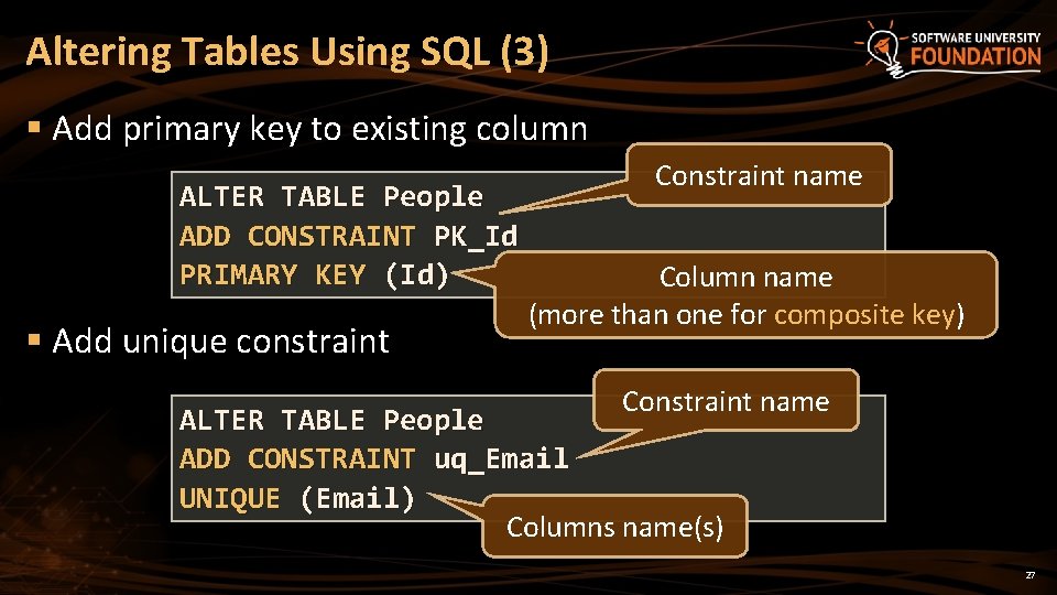 Altering Tables Using SQL (3) § Add primary key to existing column ALTER TABLE