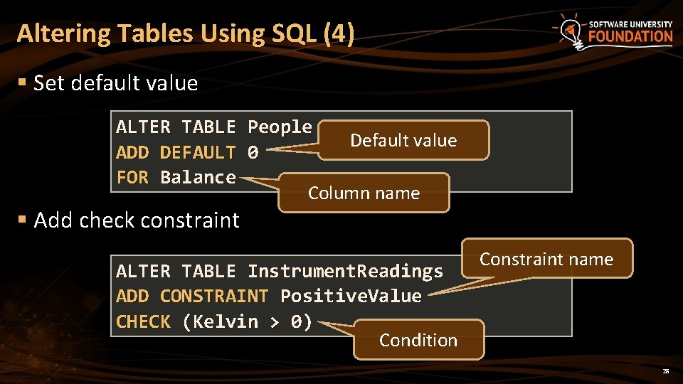 Altering Tables Using SQL (4) § Set default value ALTER TABLE People Default value