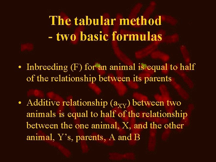 The tabular method - two basic formulas • Inbreeding (F) for an animal is