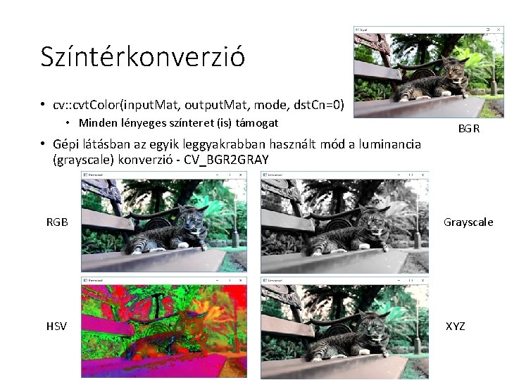 Színtérkonverzió • cv: : cvt. Color(input. Mat, output. Mat, mode, dst. Cn=0) • Minden