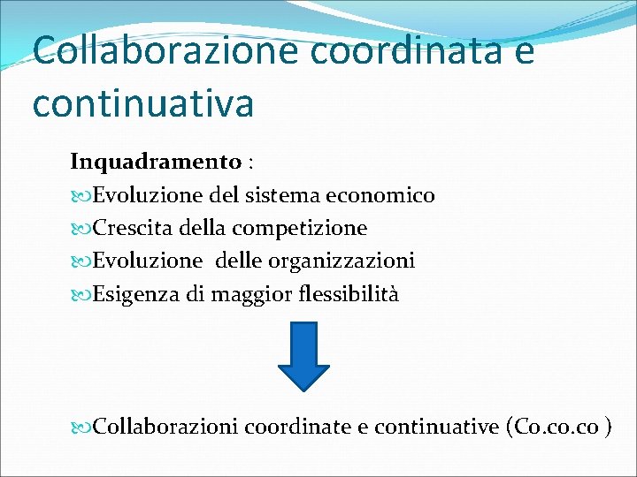 Collaborazione coordinata e continuativa Inquadramento : Evoluzione del sistema economico Crescita della competizione Evoluzione