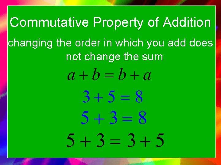 Commutative Property of Addition changing the order in which you add does not change