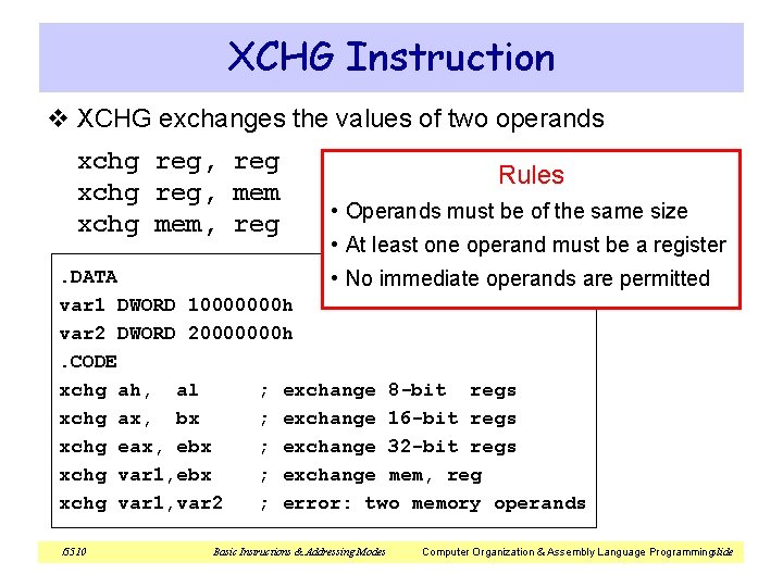 XCHG Instruction v XCHG exchanges the values of two operands xchg reg, reg xchg XCHG Instruction v XCHG exchanges the values of two operands xchg reg, reg xchg