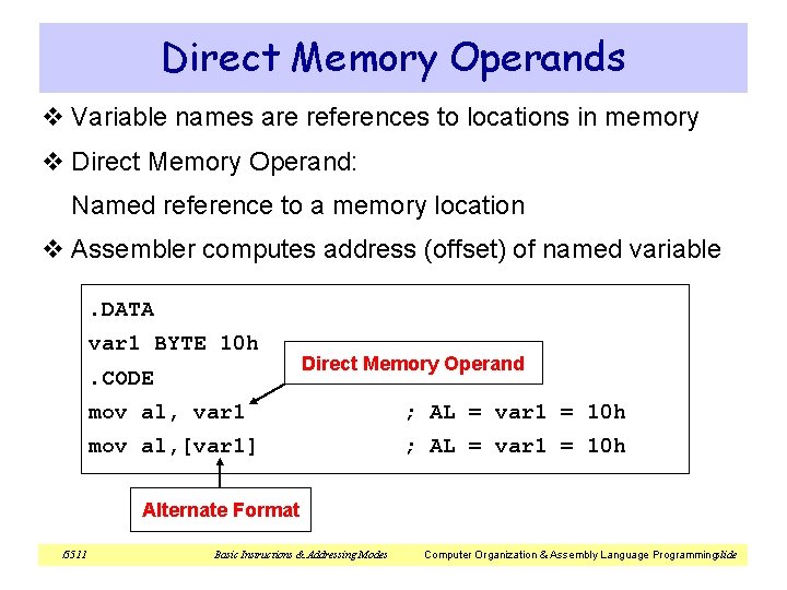 Direct Memory Operands v Variable names are references to locations in memory v Direct Direct Memory Operands v Variable names are references to locations in memory v Direct