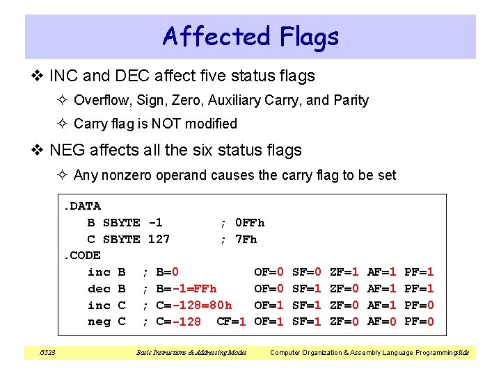 Affected Flags v INC and DEC affect five status flags ² Overflow, Sign, Zero,