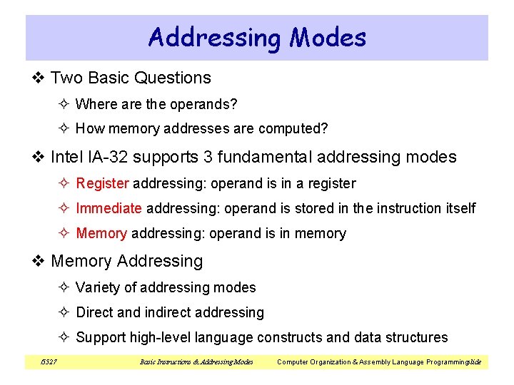 Addressing Modes v Two Basic Questions ² Where are the operands? ² How memory