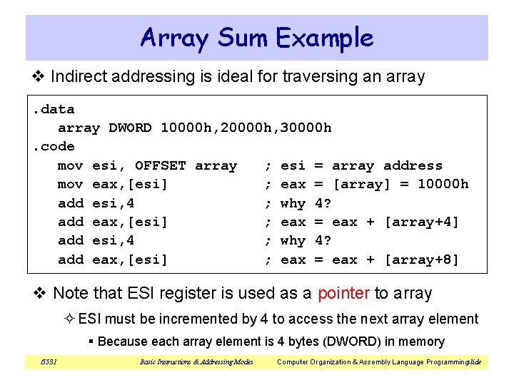 Array Sum Example v Indirect addressing is ideal for traversing an array. data array