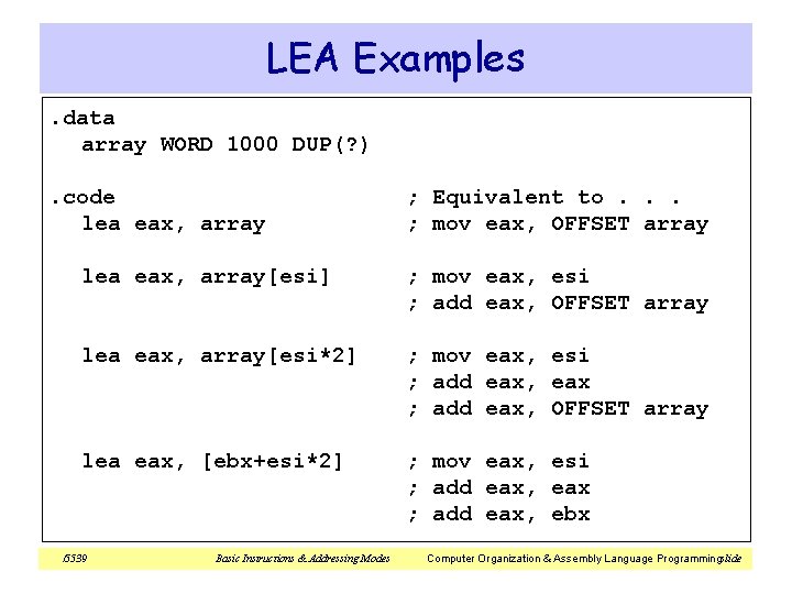 LEA Examples. data array WORD 1000 DUP(? ). code lea eax, array ; Equivalent