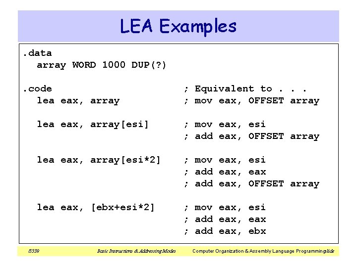LEA Examples. data array WORD 1000 DUP(? ). code lea eax, array ; Equivalent LEA Examples. data array WORD 1000 DUP(? ). code lea eax, array ; Equivalent