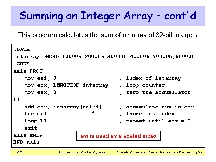 Summing an Integer Array – cont'd This program calculates the sum of an array Summing an Integer Array – cont'd This program calculates the sum of an array