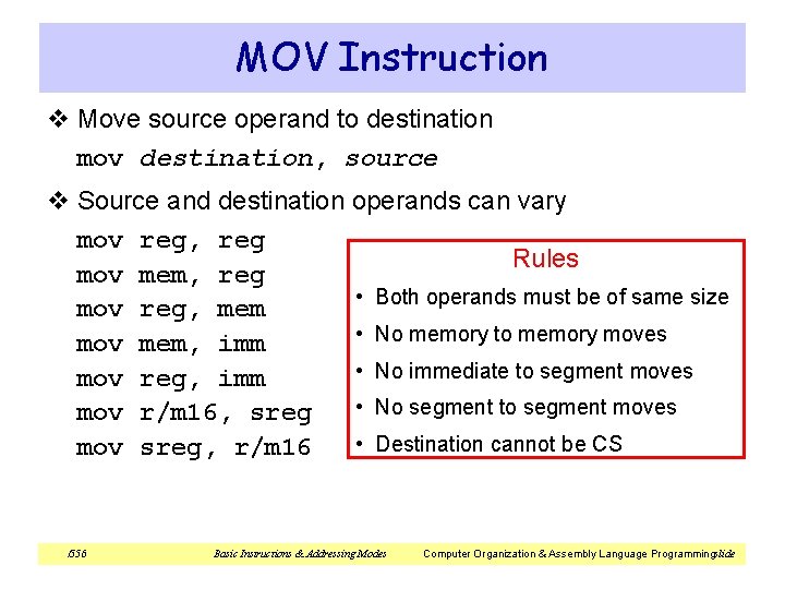MOV Instruction v Move source operand to destination mov destination, source v Source and