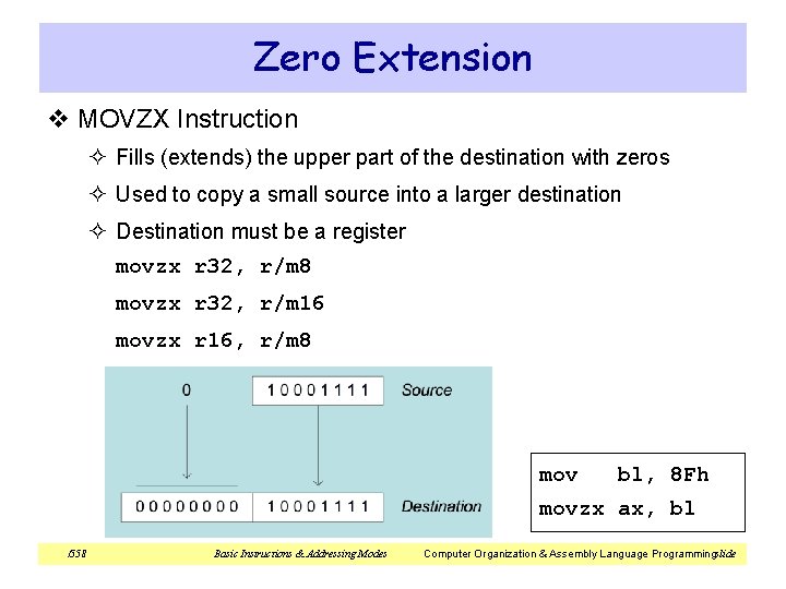 Zero Extension v MOVZX Instruction ² Fills (extends) the upper part of the destination