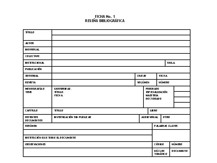 FICHA No. 1 RESEÑA BIBLIOGRÁFICA TÍTULO AUTOR INDIVIDUAL COLECTIVO INSTITUCIONAL SIGLA: PUBLICACIÓN EDITORIAL CIUDAD