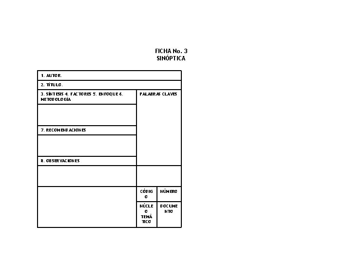FICHA No. 3 SINÓPTICA 1. AUTOR: 2. TÍTULO: 3. SÍNTESIS 4. FACTORES 5. ENFOQUE