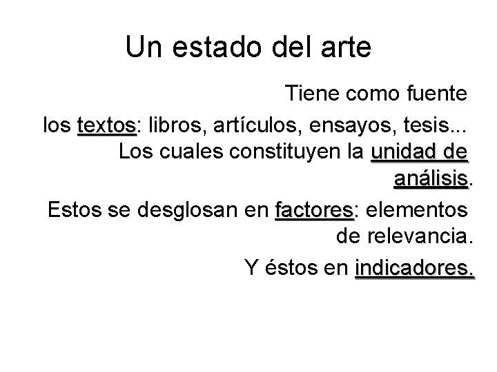 Un estado del arte Tiene como fuente los textos: textos libros, artículos, ensayos, tesis.