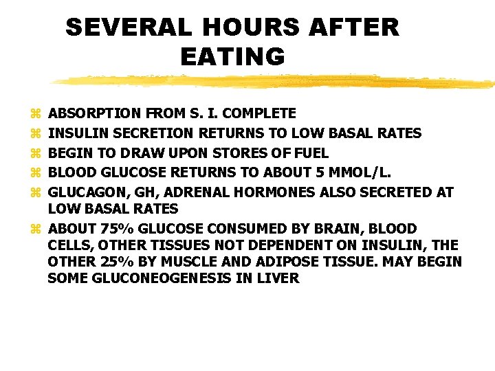 SEVERAL HOURS AFTER EATING ABSORPTION FROM S. I. COMPLETE INSULIN SECRETION RETURNS TO LOW