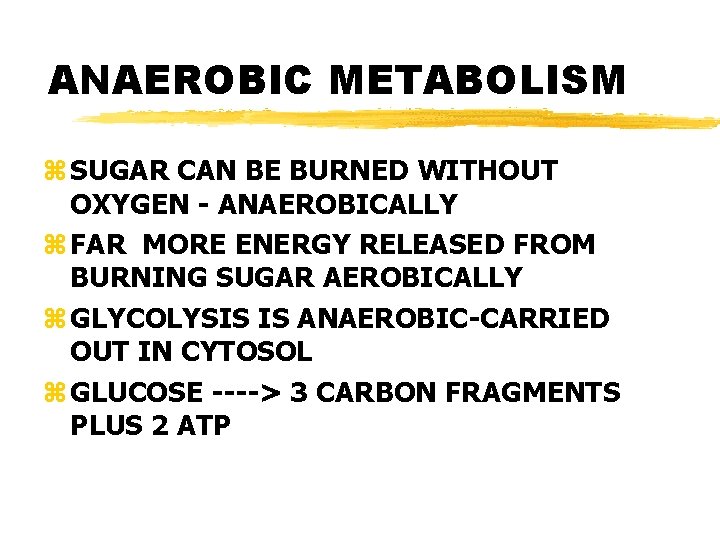 ANAEROBIC METABOLISM z SUGAR CAN BE BURNED WITHOUT OXYGEN - ANAEROBICALLY z FAR MORE