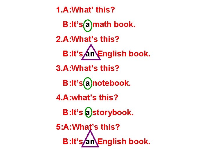 1. A: What’ this? B: It’s a math book. 2. A: What’s this? B: