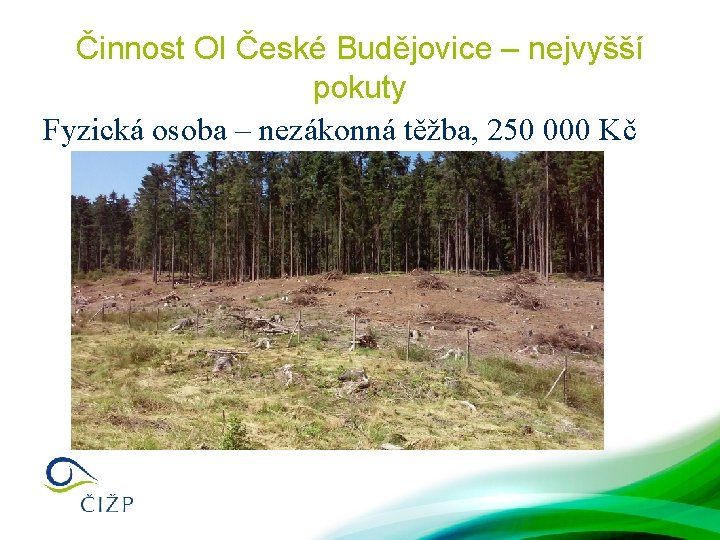 Činnost OI České Budějovice – nejvyšší pokuty Fyzická osoba – nezákonná těžba, 250 000