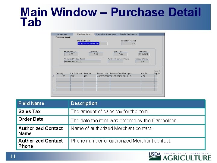 Main Window – Purchase Detail Tab 11 Field Name Description Sales Tax The amount