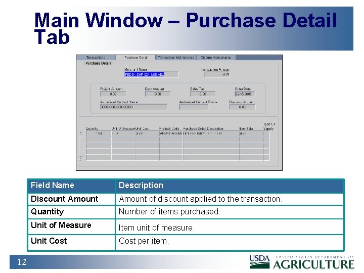 Main Window – Purchase Detail Tab 12 Field Name Description Discount Amount of discount