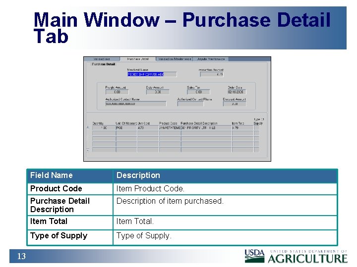 Main Window – Purchase Detail Tab 13 Field Name Description Product Code Item Product