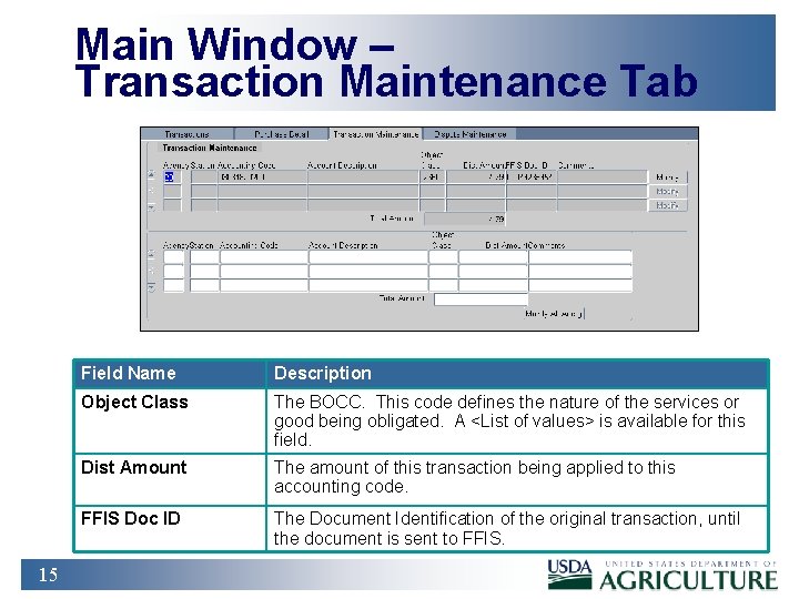 Main Window – Transaction Maintenance Tab 15 Field Name Description Object Class The BOCC.