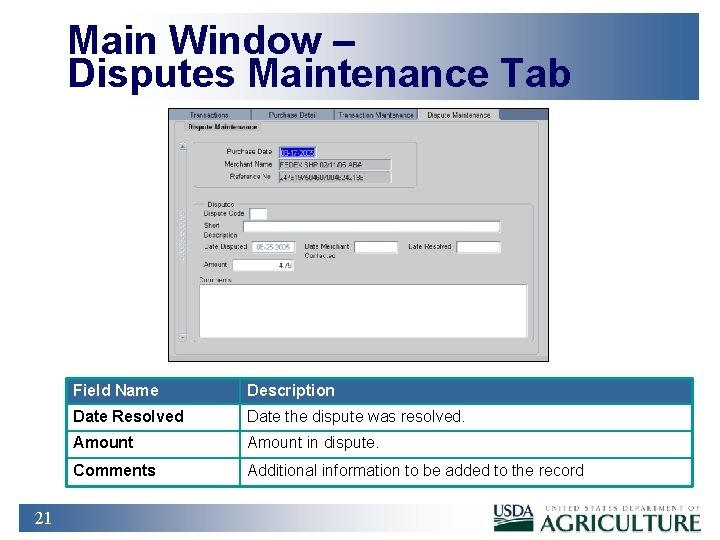 Main Window – Disputes Maintenance Tab 21 Field Name Description Date Resolved Date the