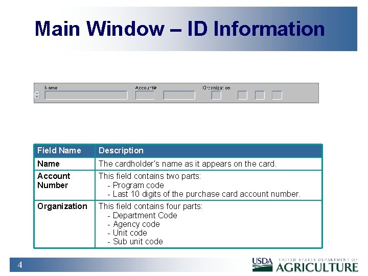 Main Window – ID Information 4 Field Name Description Name The cardholder’s name as